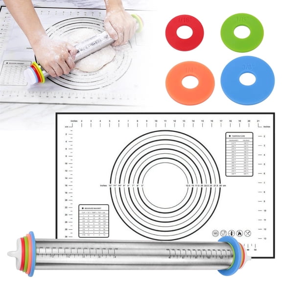 WUXIAB Stainless Steel Rolling Pin Kit,Adjustable Thickness Rings,Silicone Baking Mat With Measurements,Non-Stick Dough Roller,Kid-Friendly Baking Tool,Fondant Pizza Cookie Kit
