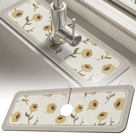 WUXIAB Versatile Absorbent Faucet Drain Mat,Fast-Drying Countertop Mat,Non-Slip Kitchen Bathroom Water Protection Mat,Stylish Pattern Sink Splash Mat,Low-Maintenance Home Drip Catcher Mat Yellow