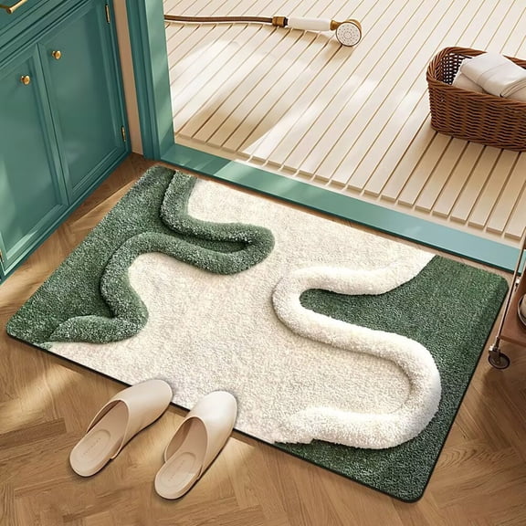 WUXIAB Water Absorbent Mat,Natural Style Mat,3D Visual Diatomaceous Earth Bath Mat,15.7x23.6 Inch Absorbent Quick-Drying Velvet Carpet,Non-Slip Entryway Rug for Bathroom,Kitchen,Green Curve Pattern
