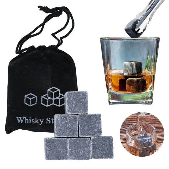 WUXIAB Whiskey Chilling Stones Gift Set – 6Pcs Soapstone/Marble Reusable Ice Cubes With Sack,Long-Lasting No-Dilution Drink Cooler For Spirits,Christmas Stocking Stuffer For Whiskey Lovers Black