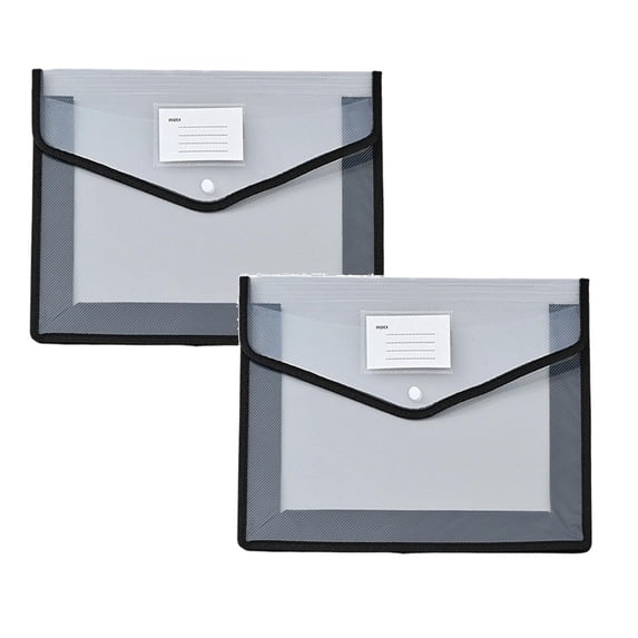WUXIAB Workplace File Pouch,Clear View Envelope,Large File Wallet,Plastic Expandable File Organizer A4 Horizontal Black 2-Pack,Transparent Document Holder with Snap Closure,for Receipts/Paper/Bills
