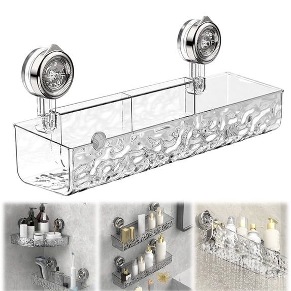 WUXIAB No-Drill Acrylic Bathroom Suction Storage,Powerful Suction Shower Caddy Shelf,Removable Hanging Storage Basket,Corner Rectangular Toiletries Organizer,Modern Acrylic Wall-Mounted Shelf