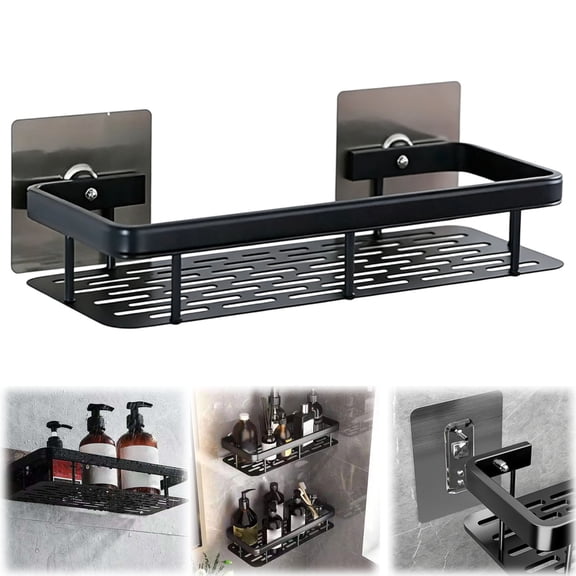 WUXIAB No-Drill Black Aluminum Bathroom Shelf,Rustproof Shower Storage Rack,Adhesive Hook Wall-Mounted Toilet Organizer,Mold-Resistant Ventilated Slotted Shelf,Space-Saving Modern Storage Rack