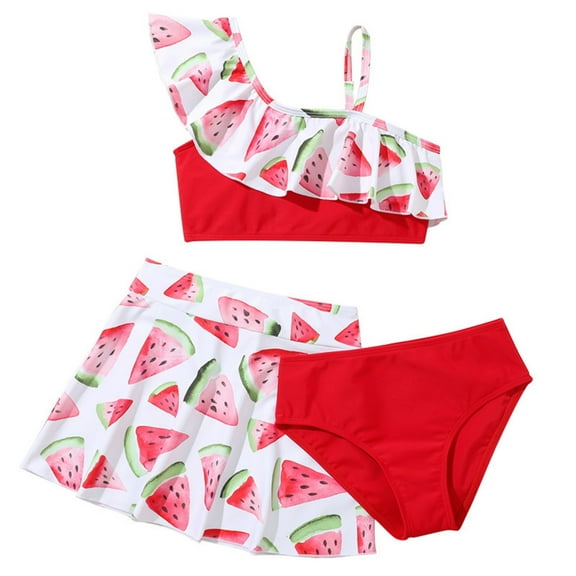 WUXIAN Baby Girls Swimwear 3 Piece Bathing Suit Cute Printed One Shoulder Bikini Set With Cover Up Skirt Swimsuit,Red,9-10 Years