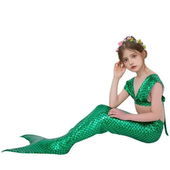 WUXIAN Baby Girls Swimwear 3 Piece Swimsuit Bathing Suits Bikini With Cover Up Skirt With Fish Tail Swimsuit,Dark Green,6-7 Years
