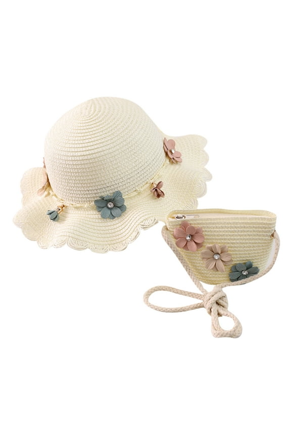 Baby Sun Hats Girls Straw Hat Purse Bag Set Wide Brim Flower Lovely Summer Beach Sun Hat Princess Shoulder Crossbody Bag Bucket Hats,White,One Size
