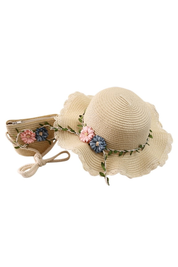 Baby Sun Hats Girls Straw Hat Purse Bag Set Wide Brim Flowers Bow Summer Beach Sun Hat Princess Shoulder Crossbody Bag Safari Hat,Beige,One Size