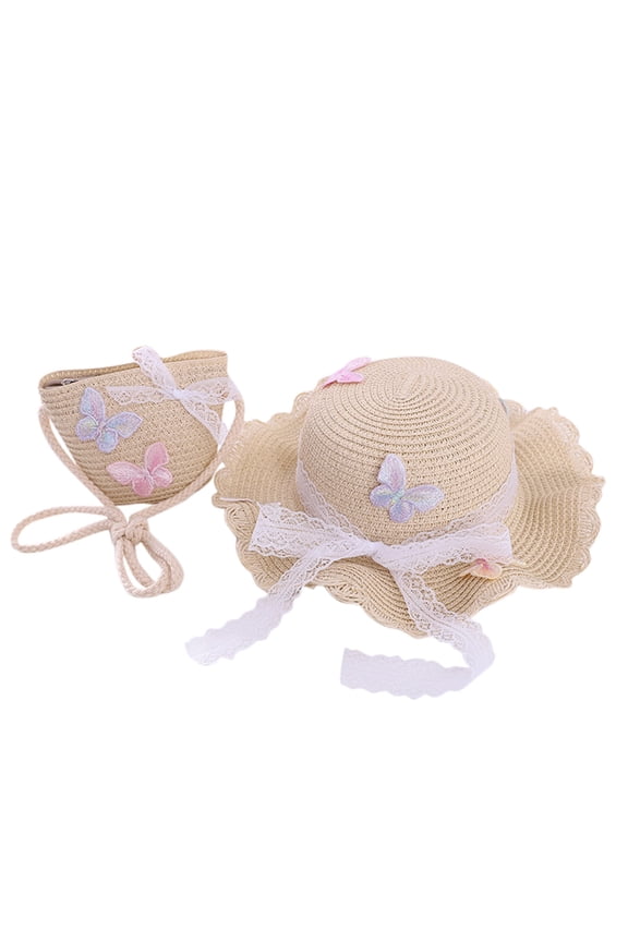 Boys Girls Sun Hats Girls Straw Hat Purse Bag Set Wide Brim Butterfly Summer Beach Sun Hat Princess Shoulder Crossbody Bag Safari Hat,Beige,One Size
