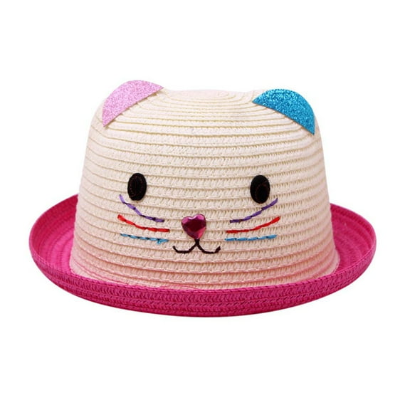 WUXIAN Boys Girls Sun Hats Straw Hat Wide Brim Cartoon Cute Cat Pattern Summer Beach Hat Breathable Bucket Hats,Hot Pink,One Size