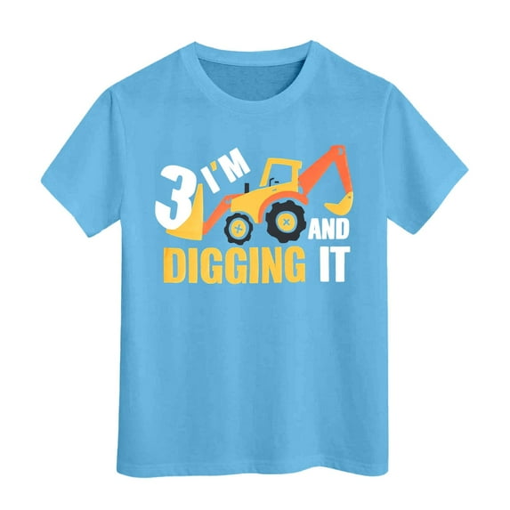WUXIAN Boys T Shirt Top Short Sleeve Excavator Graphic Solid Color Tee Shirts Tops,Light Blue,8-9 Years