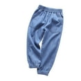 thumbnail image 1 of Wuxian Boys Pants Tapered Leg Solid Color Denim Jeans Pants Elastic Waist Casual Trousers Slim Fit Ankle-Tied With Pocket Trousers,Blue,18-24 Months, 1 of 2