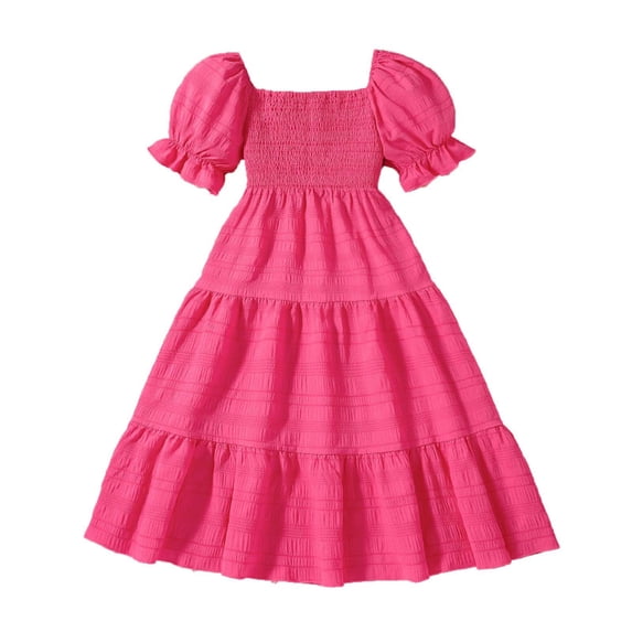 WUXIAN Child Little Girls Summer Dress Tween Boho Casual Smocked Swing Flowy Ruffle Midi Dresses With Pockets Breathable Dailywear
