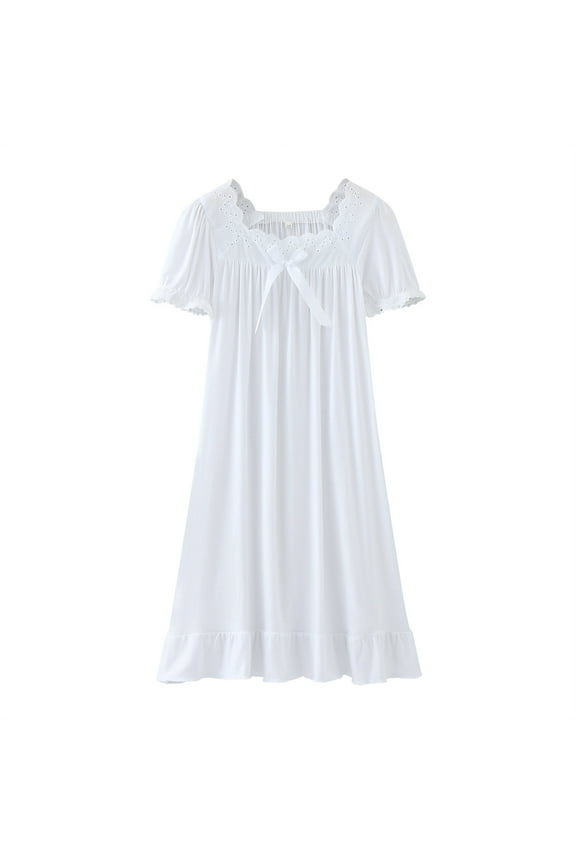Children Dresses Nightgowns Soft Princess Short Sleeve Round Square Neck Long Sleep Dress Vintage Clothes,White,9-10 Years