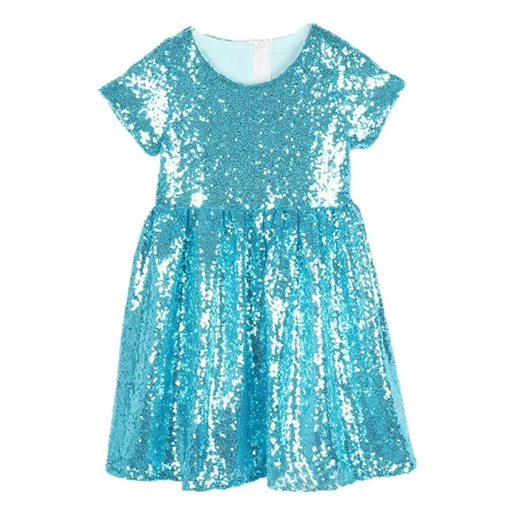 WUXIAN Children Dresses Sequin Dress Party Solid Color Toddler Baby Princess Dresses Little Girls Short Sleeve Party Dress Wedding Gown Skirt,Light Blue,S