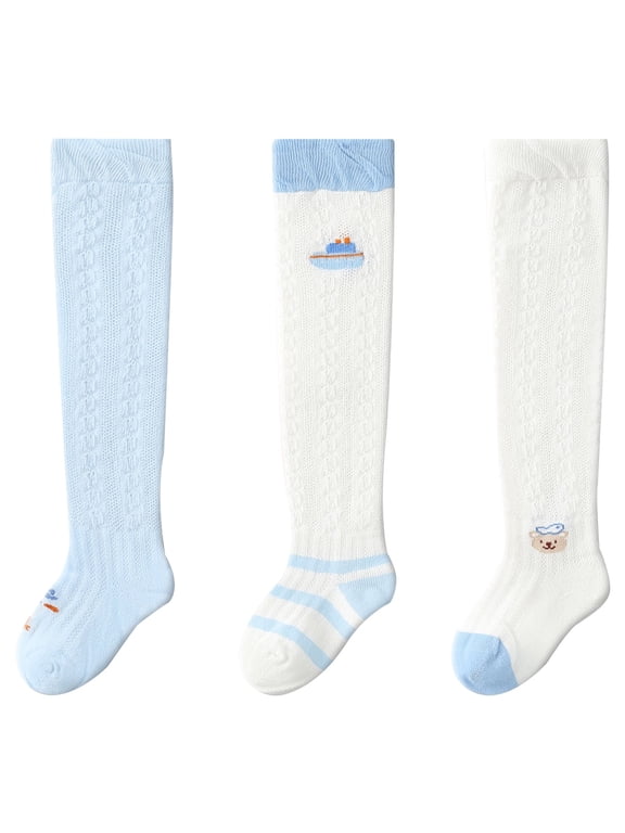 Girls Baby Socks 3 Pairs Knee High Socks Toddler Cartoon Printed Mesh Breathable Dress Socks Kids Cotton Uniform Stockings,Blue,2-3 Years