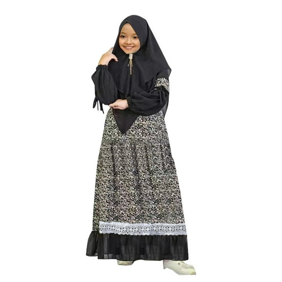 WUXIAN Girls Clothes Set Baby Floral Abaya With Hijab Full Length Robe Burka Maxi Little Kid Toddler Baby Girl Dresses Child Funny Set