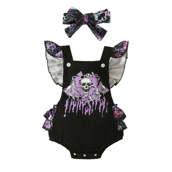 WUXIAN Girls Fly Sleeve Cartoon Hallowmas Backless Romper Bodysuits Headbands Set Onesie Toddler Baby Stylish Clothing