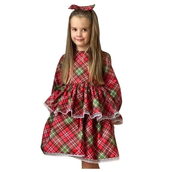 WUXIAN Kids Girls Christmas Dress Plaid Lace Ruffles Dress Long Sleeve Fall Dress Toddler Stylish Dailywear