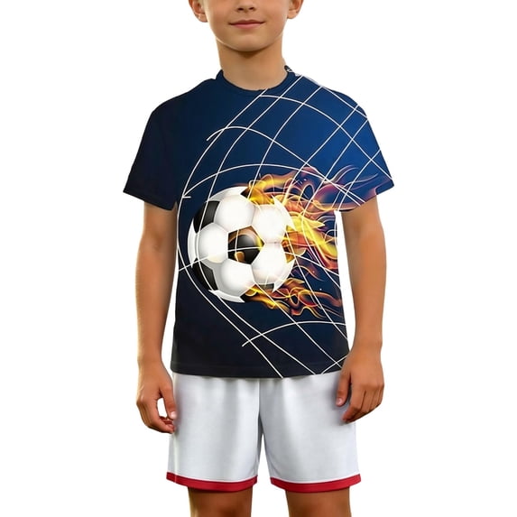 WUXIAN Kids Teens Boys Summer Shirts Football Print Short Sleeve Round Neck Stylish Funny Graphic Top For Youth Comfort Lightweight Summer Trendy Outddor Soccer Ball Pattern Tee,Dark Blue,9-10 Years