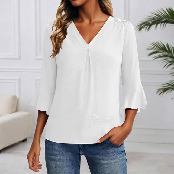WUXIAN Plus Size Shirts For Women Solid Color V-Neck Three Quarter Sleeve Summer Loose Fit Casual Blouse Ruffle Pleated Breathable Lightweight Chiffon Top Fashionable Comfy Dailywear,White,XXL