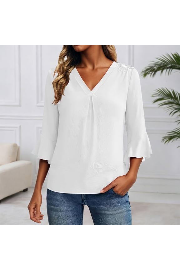 Plus Size Shirts For Women Solid Color V-Neck Three Quarter Sleeve Summer Loose Fit Casual Blouse Ruffle Pleated Breathable Lightweight Chiffon Top Fashionable Comfy Dailywear,White,XXL