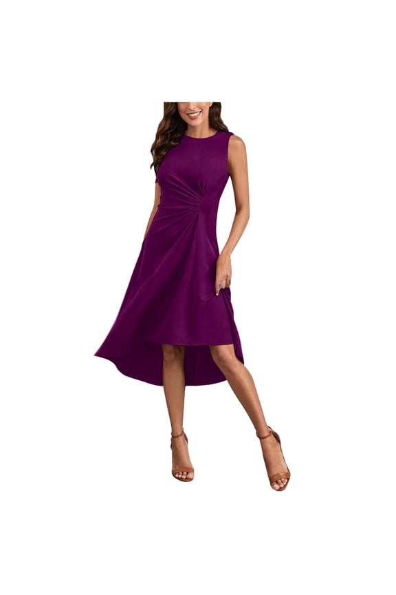 Summer Dresses For Women Solid Color Sleeveless Crewneck Ruched Pleated A Line Midi Dress Fashionable Flowy Swing Wedding Guest Elegant Breathable Stylish Sundress,Purple,M
