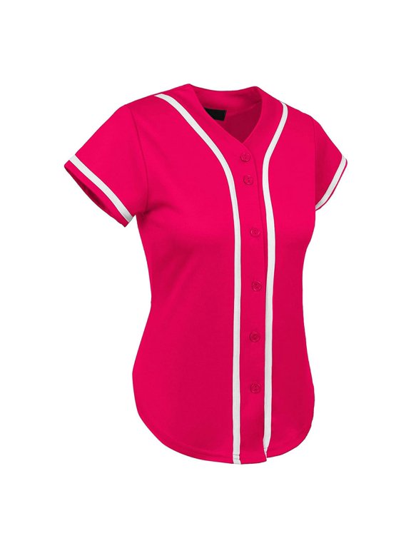 Summer Shirt For Women Color Block Short Sleeve V-Neck Button Down Casual Loose Fit Striped Stylish Tee Blouse Comfortable Breathable Tunic Top Fashionable Curve Hem Dailywear,Hot Pink,XL