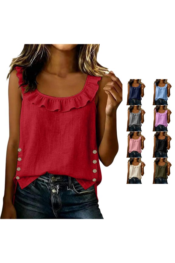 Summer Tops For Women Solid Color Ruffles Trim Casual Round Neck Sleeveless T Shirt Loose Fit Button Split Side Blouse Soft Breathable Basic Low Back Beach Holiday Dailywear,Red,XL