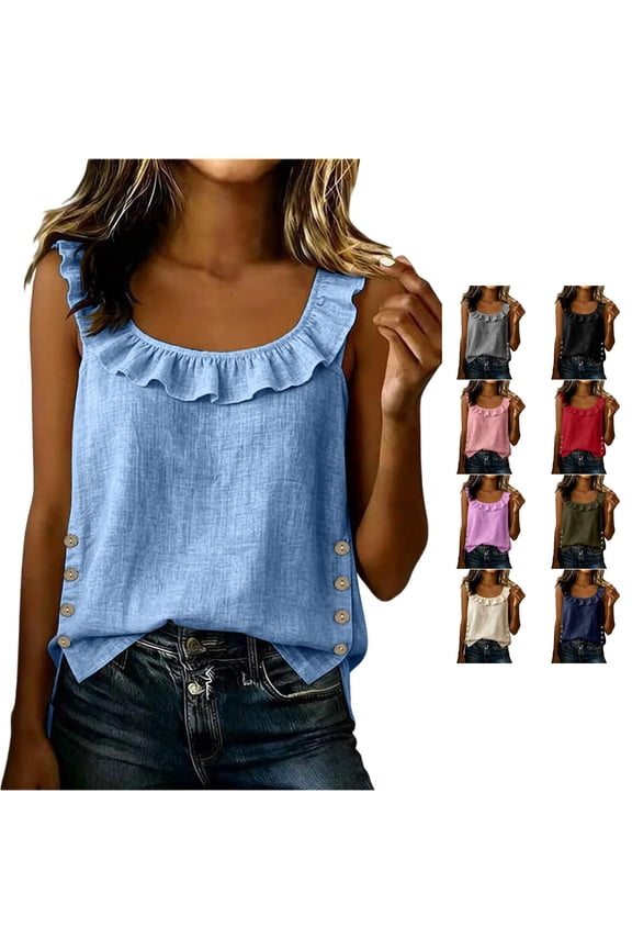 Summer Tops For Women Solid Color Ruffles Trim Casual Round Neck Sleeveless T Shirt Loose Fit Button Split Side Blouse Soft Breathable Basic Low Back Beach Holiday Dailywear,Sky Blue,S