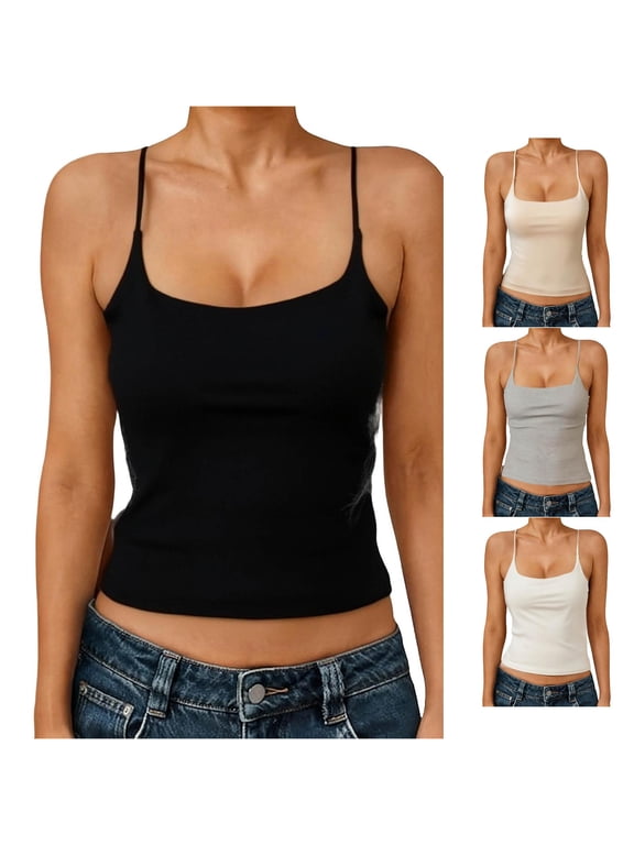 Tank Top For Women Summer Slim Fit Built In Bra Camisole Scoop Neck Sleeveless Solid Color Spaghetti Strap Cropped Seamless Basic Tee Layering Casual Going Out Dailywear,Black,One Size