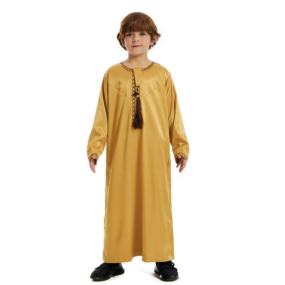 WUXIAN Toddler Arabic Thobe Thobe Long Sleeve Kaftan Crew Robe National Teenage Boys Long Sleeve Embroidered Robe Sets Arab Wear Robe Stylish Baby Streetwear