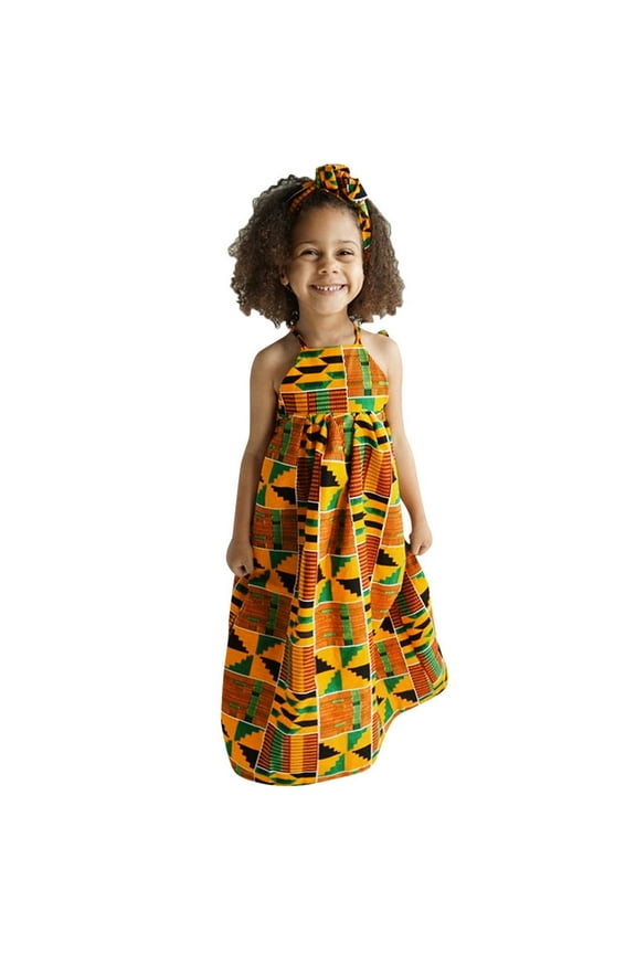 Toddler Baby Girls African Print Off Shoulder Hair Band Princess Casual Dress Infants Clothes Children Breathable Dailywear
