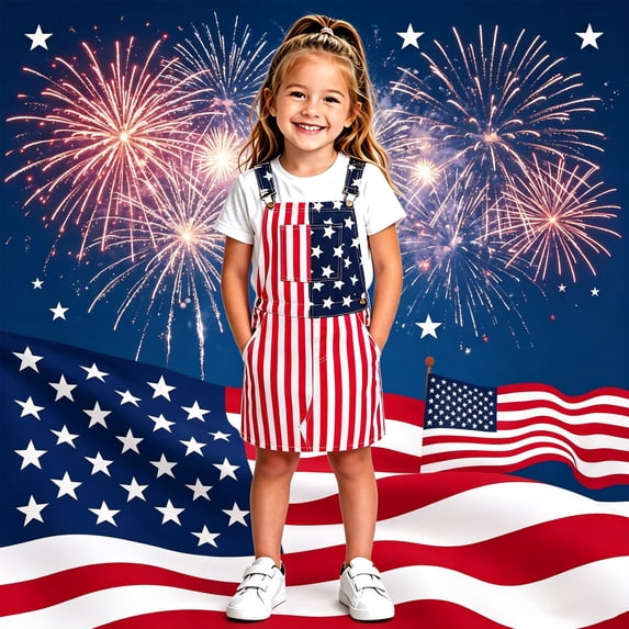 WUXIAN Toddler Boys Girls Independence Day Striped Printed Overalls Shorts With Pocket Spaghetti Trousers Romper 4th Of July Jumpsuit Comfort Baby Streetwear,Red,12-13Y