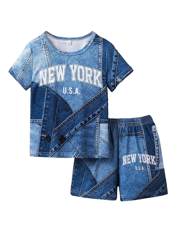 Toddler Boys Summer Denim Like Letter Print Shorts Outfits Sets Casual O-Neck 2PCS Outfits Relaxed Fit Streetwear