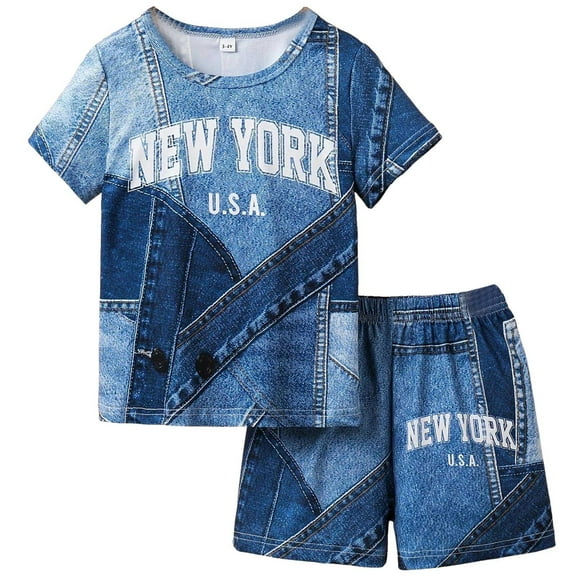 WUXIAN Toddler Boys Summer Denim Like Letter Print Shorts Outfits Sets Casual O-Neck 2PCS Outfits Soft Baby Streetwear