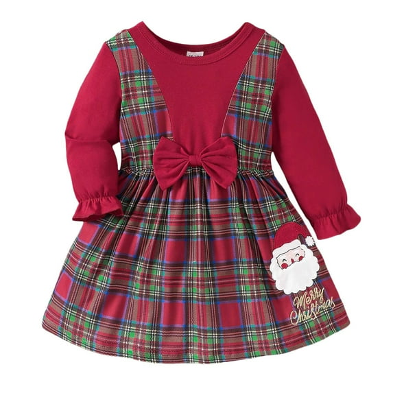 WUXIAN Toddler Children Girls Christmas Long Sleeve Cartoon Lattice Printed Dress Clothes Infants Baby Trendy Dailywear
