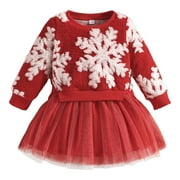 WUXIAN Toddler Children Girls Christmas Long Sleeve Snowflake Printed Dresses Tulle Dress Sundress Baby Versatile Dailywear