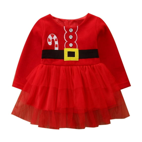 WUXIAN Toddler Christmas Red Dress Princess Tulle Printed Belt Skirt Princess Dress Infants Baby Sundress Children Cute Dailywear