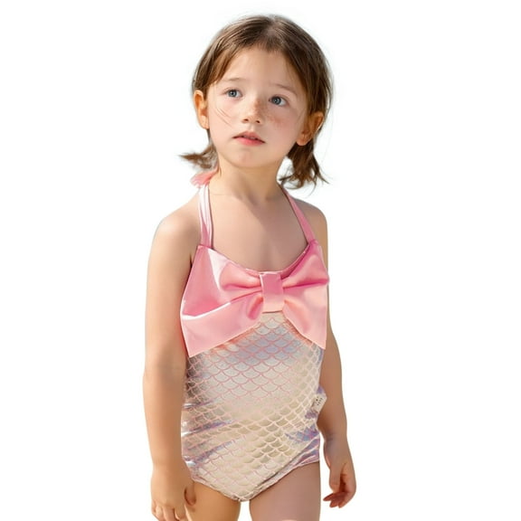 WUXIAN Toddler Girl Swimwear One Piece Bathing Suit Bow Bikini Tankini Infant Swimwear With Hat Swim Wear,Pink,7-8 Years