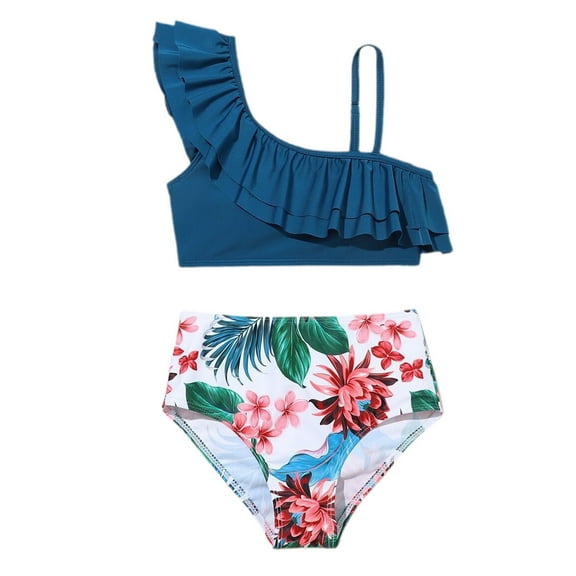WUXIAN Toddler Girl Swimwear Two Piece Swimwear Flounce Ruffle Flower Print One Shoulder Swim Wear,Blue,10-11 Years