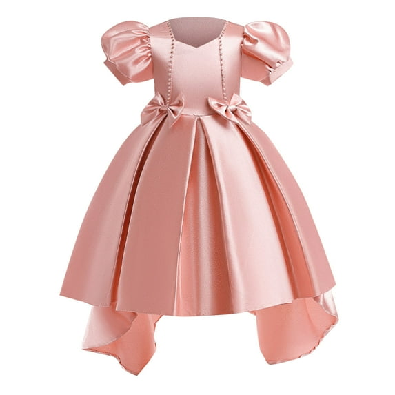 WUXIAN Toddler Girls Christmas Short Sleeve Solid Color Bow Tie Embroidery Lace Ruffles Party Evening Dress Wedding Dress Baby Sundress Children Comfortable Dailywear