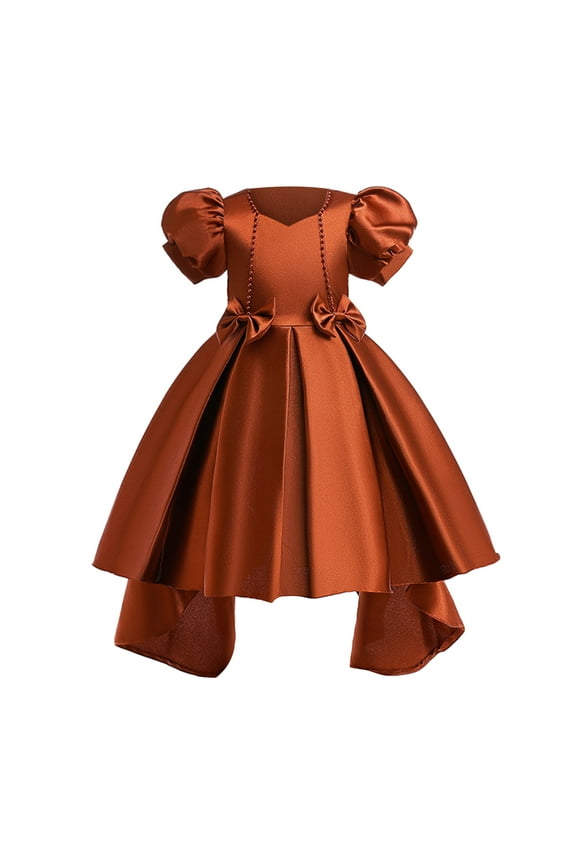 Toddler Girls Christmas Short Sleeve Solid Color Bow Tie Embroidery Lace Ruffles Party Evening Dress Wedding Dress Baby Sundress Children Leisure Dailywear