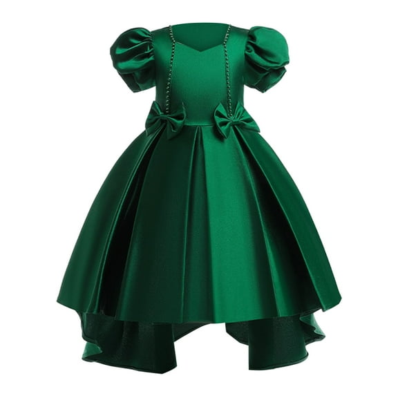 WUXIAN Toddler Girls Christmas Short Sleeve Solid Color Bow Tie Embroidery Lace Ruffles Party Evening Dress Wedding Dress Baby Sundress Children Soft Dailywear