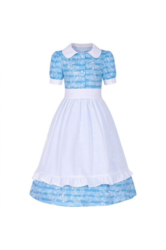 Toddler Girls Dresses Colonial Halloween Dress Floral Prairie Pioneer Long Sleeve Long Dresses With Apron Suit Skirt,Blue,125