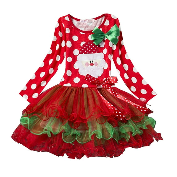 WUXIAN Toddler Girls Long Sleeve Christmas Cartoon Santa Dot Print Mesh Tutu Show Dress Infants Baby Sundress Children Relaxed Fit Dailywear