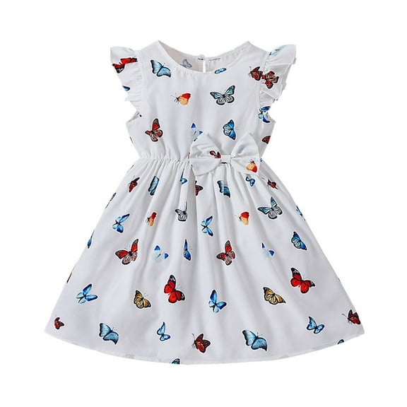 WUXIAN Toddler Girls Summer Dresses Casual Full Print Kids Sleeveless Ruffle Dresses For Girls Summer Outfits Beach Skirt,White,110/5Y