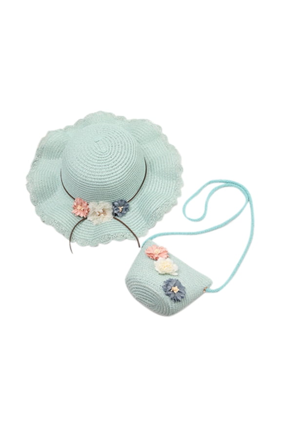 Toddler Girls Sun Hats Girls Straw Hat Purse Bag Set Wide Brim Flower Summer Beach Sun Hat Princess Shoulder Crossbody Bag Fishing Hat,Mint Green,One Size
