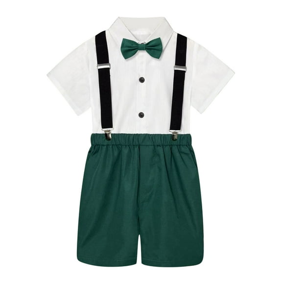 WUXIAN Toddler Kids Boys Summer British Style Short Sleeve Shirt Spaghetti Strap Shorts Bow Tie 4PC Children Performance Suit Baby Clothes Soft Dailywear