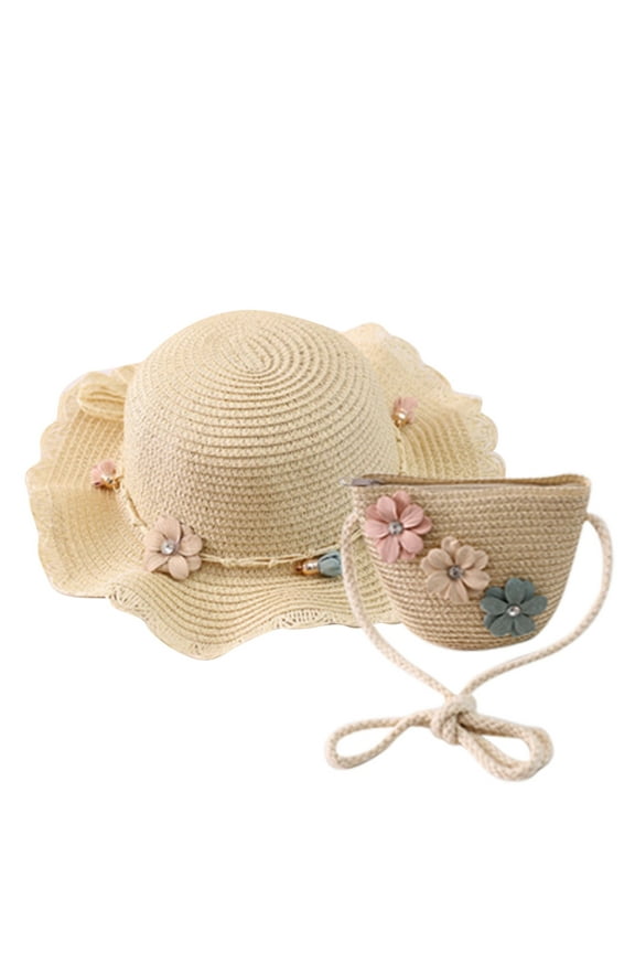 Toddler Kids Sun Hats Girls Straw Hat Purse Bag Set Wide Brim Flower Lovely Summer Beach Sun Hat Princess Shoulder Crossbody Bag Safari Hat,Beige,One Size