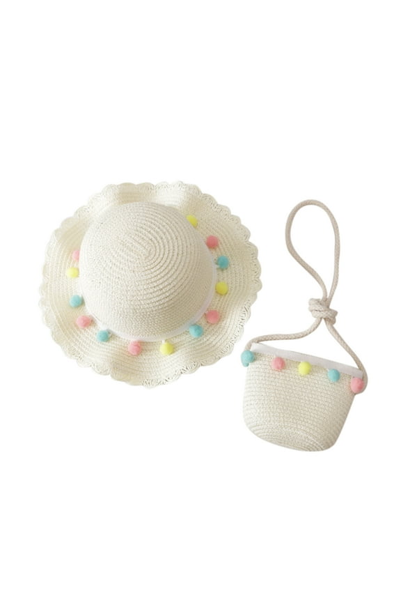 Toddler Kids Sun Hats Girls Straw Hat Purse Bag Set Wide Brim Flowers Bow Summer Beach Sun Hat Princess Shoulder Crossbody Bag Chin Strap Fishing Hat,White,One Size